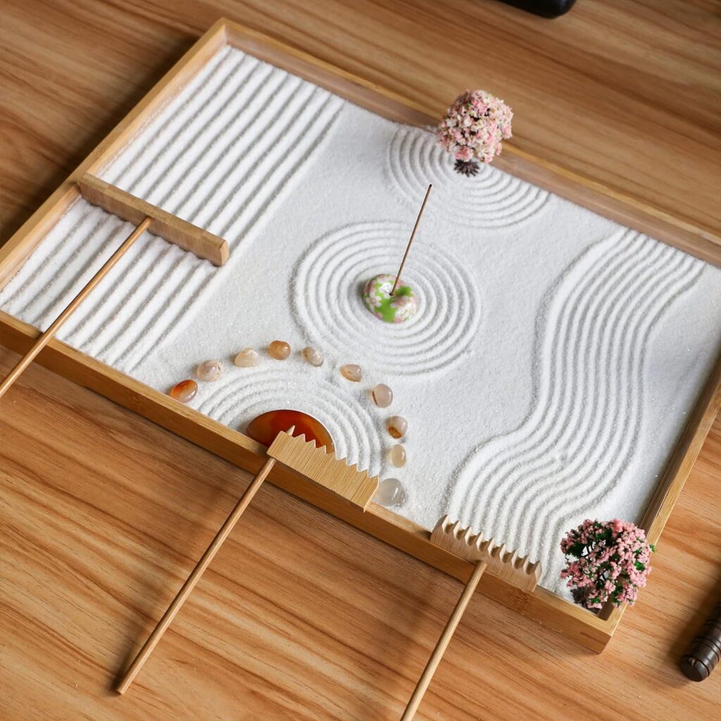 Tabletop Zen Garden Accessories Kit - Japanese Sand Zen Garden Rakes Tools Set,Office Relaxation Gifts with Healing Stones Zen Garden Decor for Man Woman Father Mother Birthday Gifts