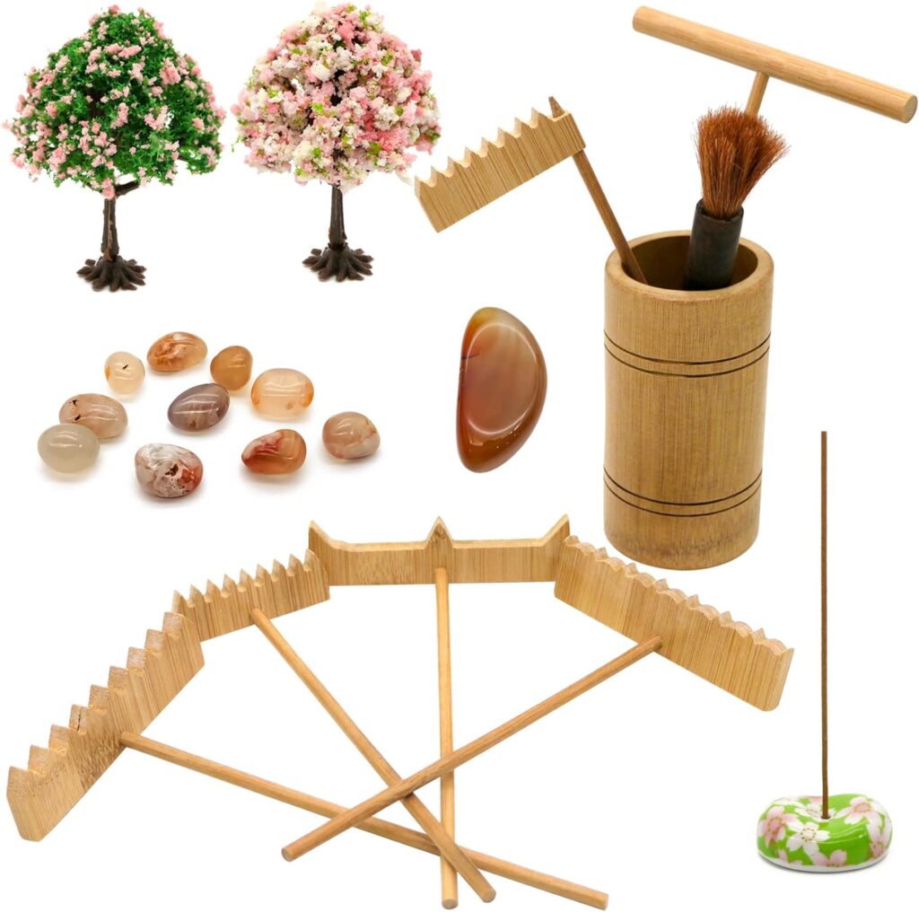 Tabletop Zen Garden Accessories Kit - Japanese Sand Zen Garden Rakes Tools Set,Office Relaxation Gifts with Healing Stones Zen Garden Decor for Man Woman Father Mother Birthday Gifts