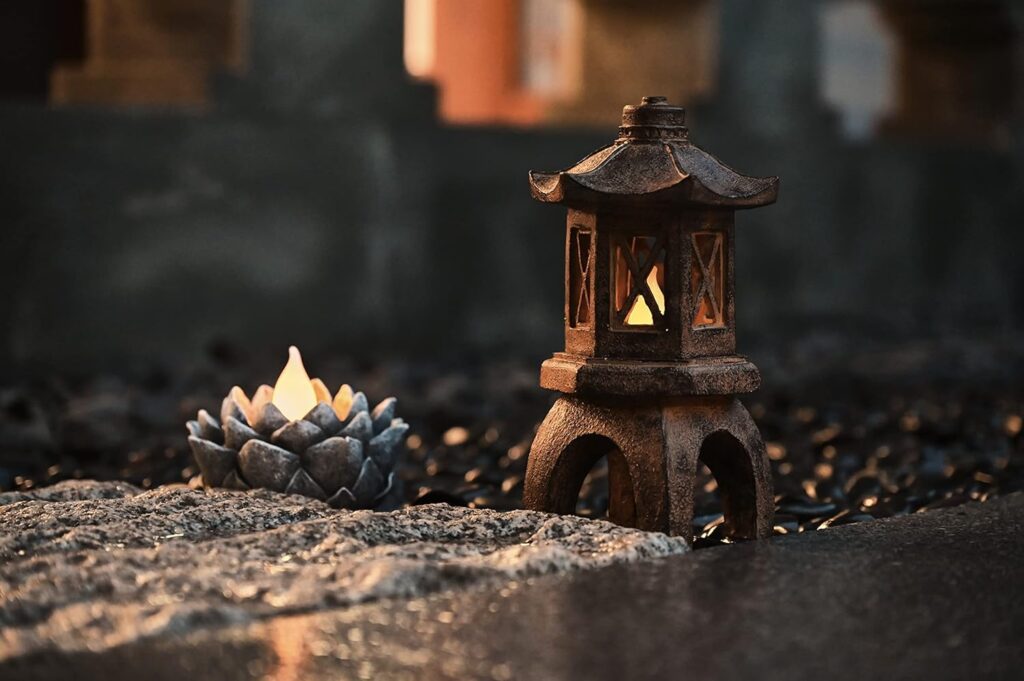 TERESAS COLLECTIONS Pagoda Lantern Garden Statues with Flickering Solar Lights, Resin Zen Garden Decor Outdoor Statues Yard Ornaments for Landscape Patio Porch Lawn Decorations, 6 (Copper)