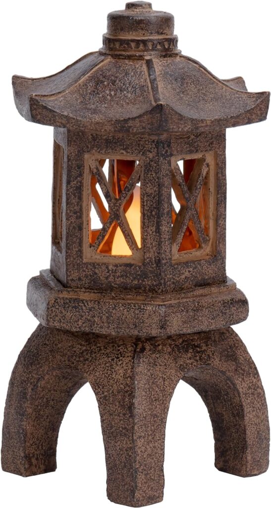 TERESAS COLLECTIONS Pagoda Lantern Garden Statues with Flickering Solar Lights, Resin Zen Garden Decor Outdoor Statues Yard Ornaments for Landscape Patio Porch Lawn Decorations, 6 (Copper)