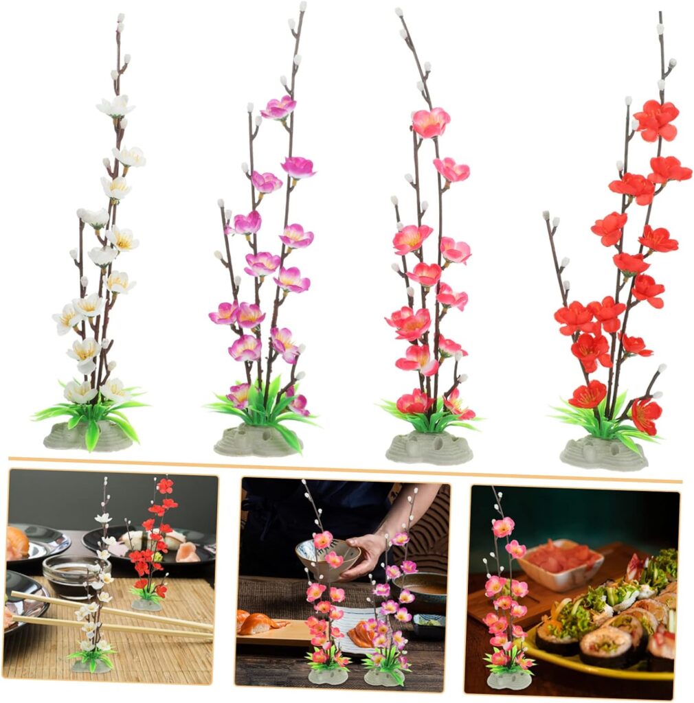 VOSAREA 4pcs Simulated Flower Cherry Blossom Flowers Faux Fish Tank Plant Dining Table Decoration Fake Plum Flower Stems Sashimi Artificial Flower Sink Tray Decorative Flower Plastic Lotus