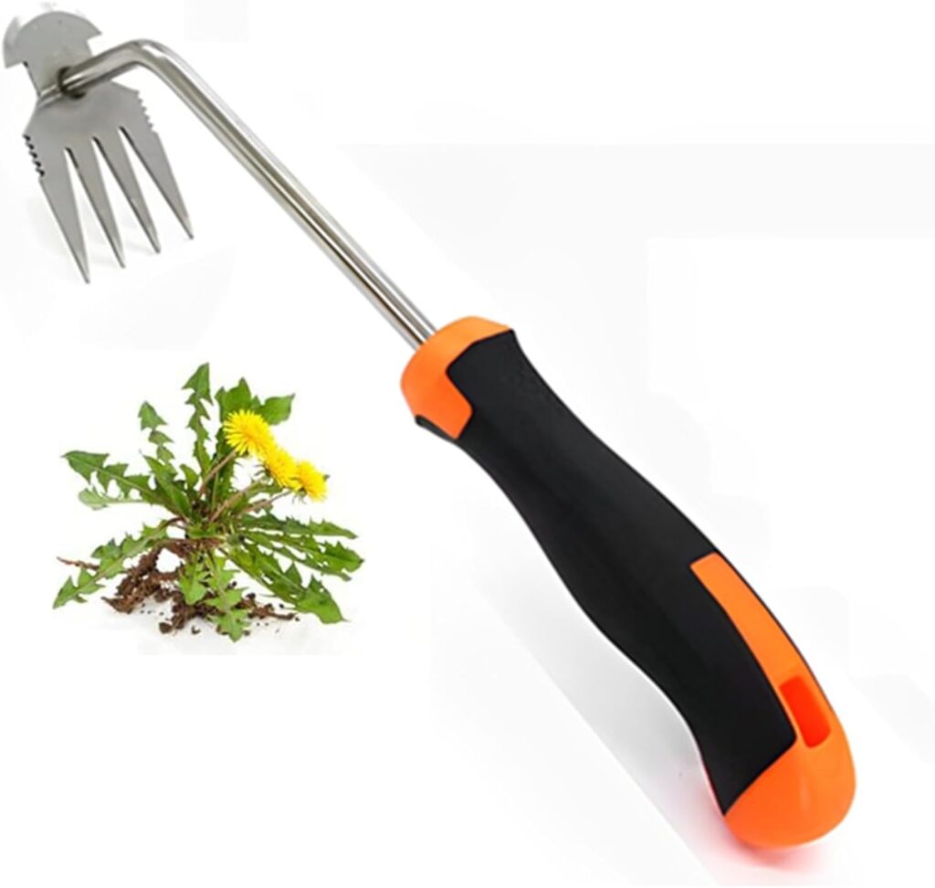 Weed Removal Tool, 2023 New Garden Weeding Tools Manganese Steel Hand Weeder Tool with Handle, 4 Teethes Dual Purpose Manual Weeders Tool Weed Pulling Tool for Garden (Rubber Handle)