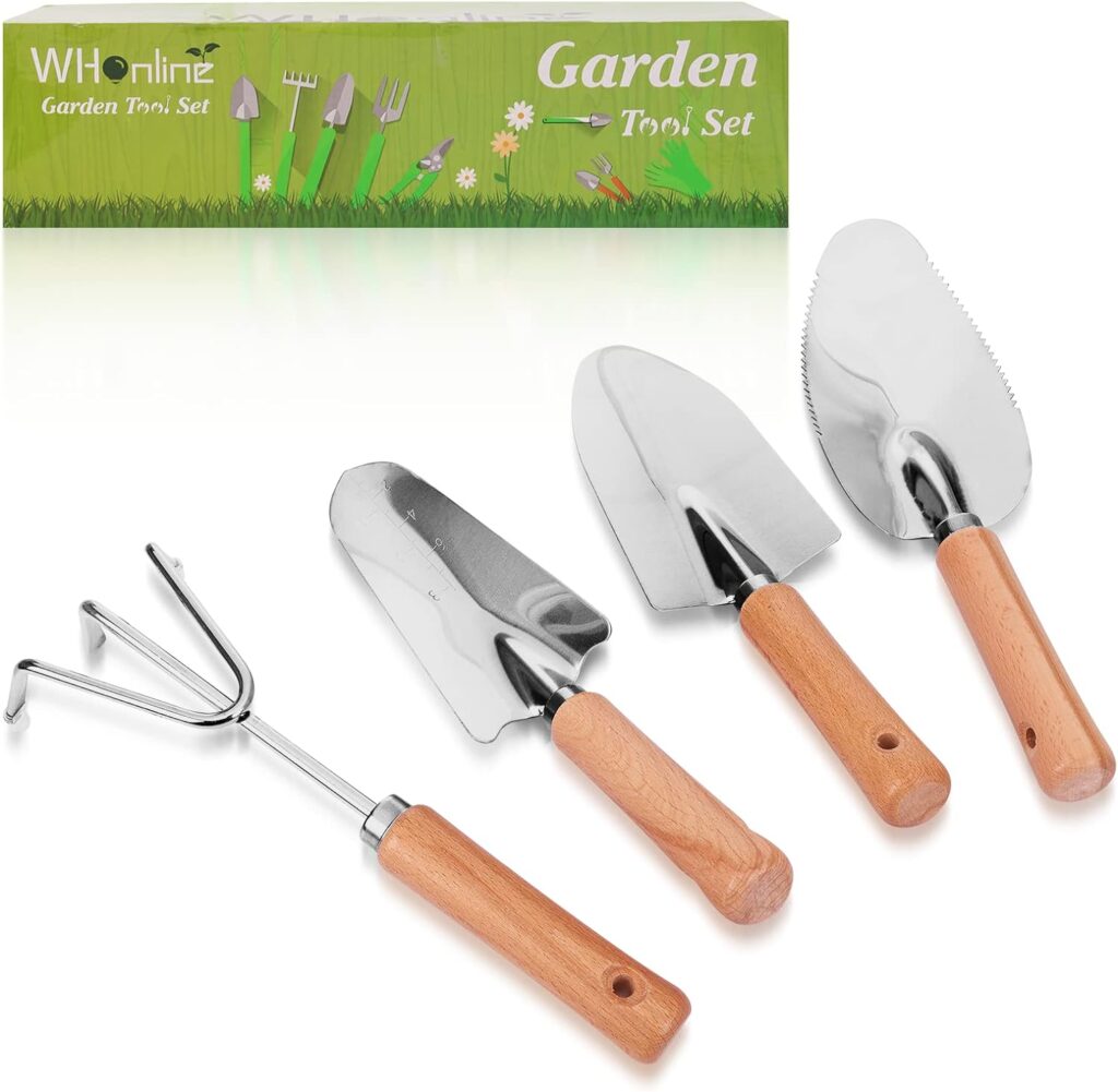 Whonline Gardening Tools Set of 4, Garden Tool Kit Comes with Wooden Alloy Multifunctional Fertilizer Products, Trowel and Hand Fork for Gardening Gifts, Planting Supplies Outdoor and Indoor