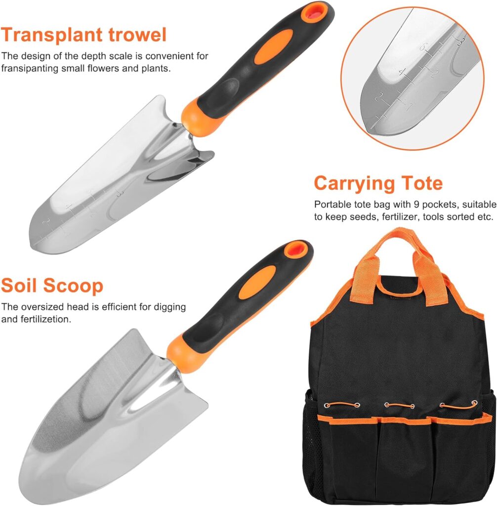 Whonline Gardening Tools Set of 4, Garden Tool Kit Comes with Wooden Alloy Multifunctional Fertilizer Products, Trowel and Hand Fork for Gardening Gifts, Planting Supplies Outdoor and Indoor