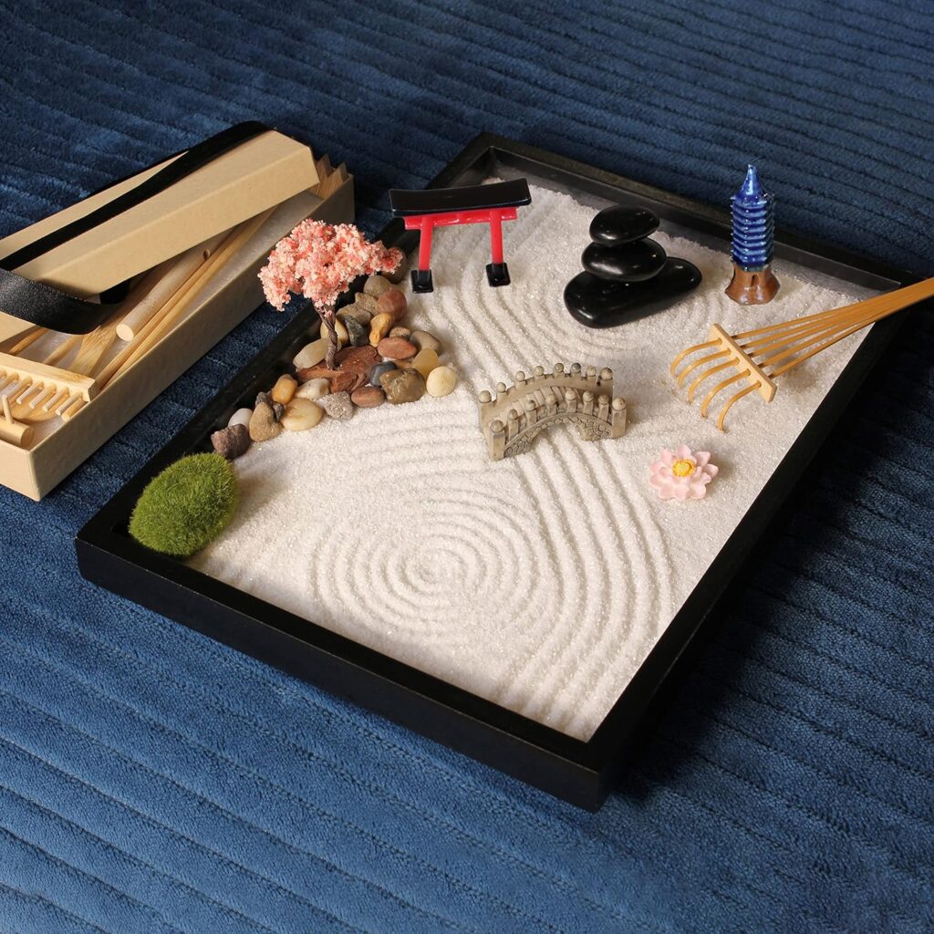 Zen Garden Kit 11x8in. Beautiful Japanese Decor Mini Rock Garden Gift Set for Home, Office Desk. Zen Sand Garden, 6 Tools, 15 Accessories. Desktop Meditation Room Sand Tray Therapy