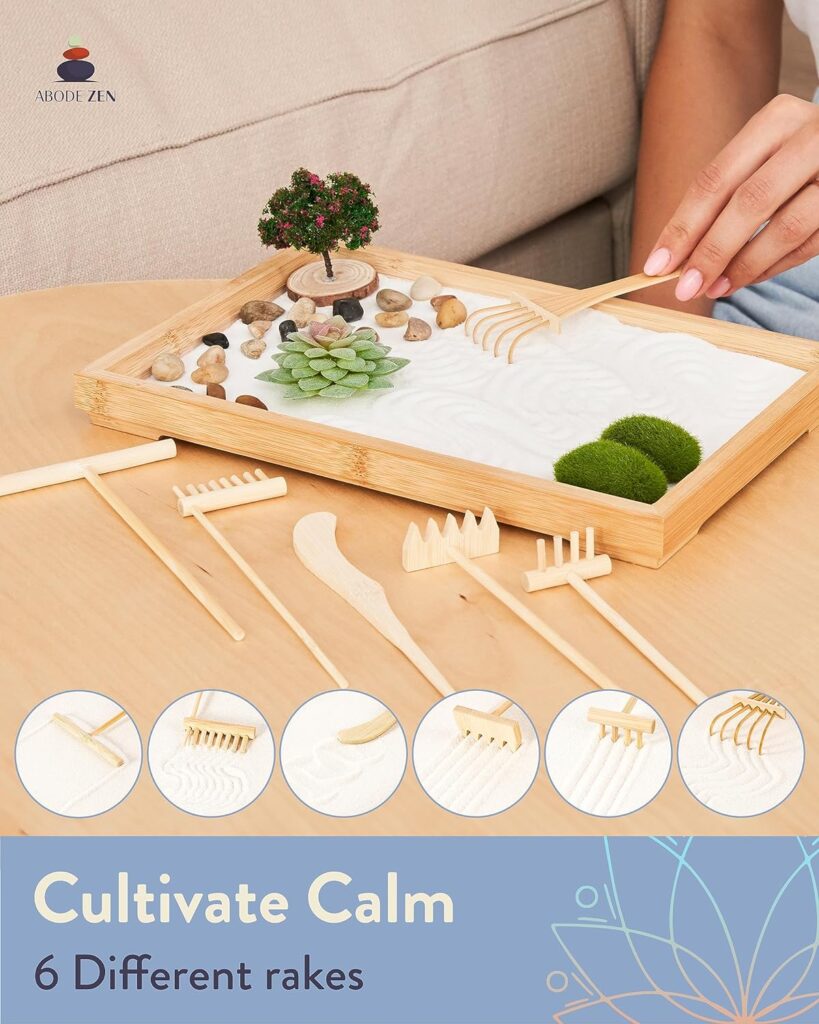 Zen Garden Kit - Mini Japanese Sand Garden for Desktop with Bamboo Tray - Includes Rakes, Yoga Statue, Bridge, Sand Ball, Stones, Crystals, and More