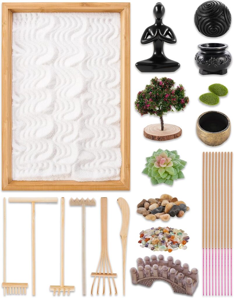 Zen Garden Kit - Mini Japanese Sand Garden for Desktop with Bamboo Tray - Includes Rakes, Yoga Statue, Bridge, Sand Ball, Stones, Crystals, and More