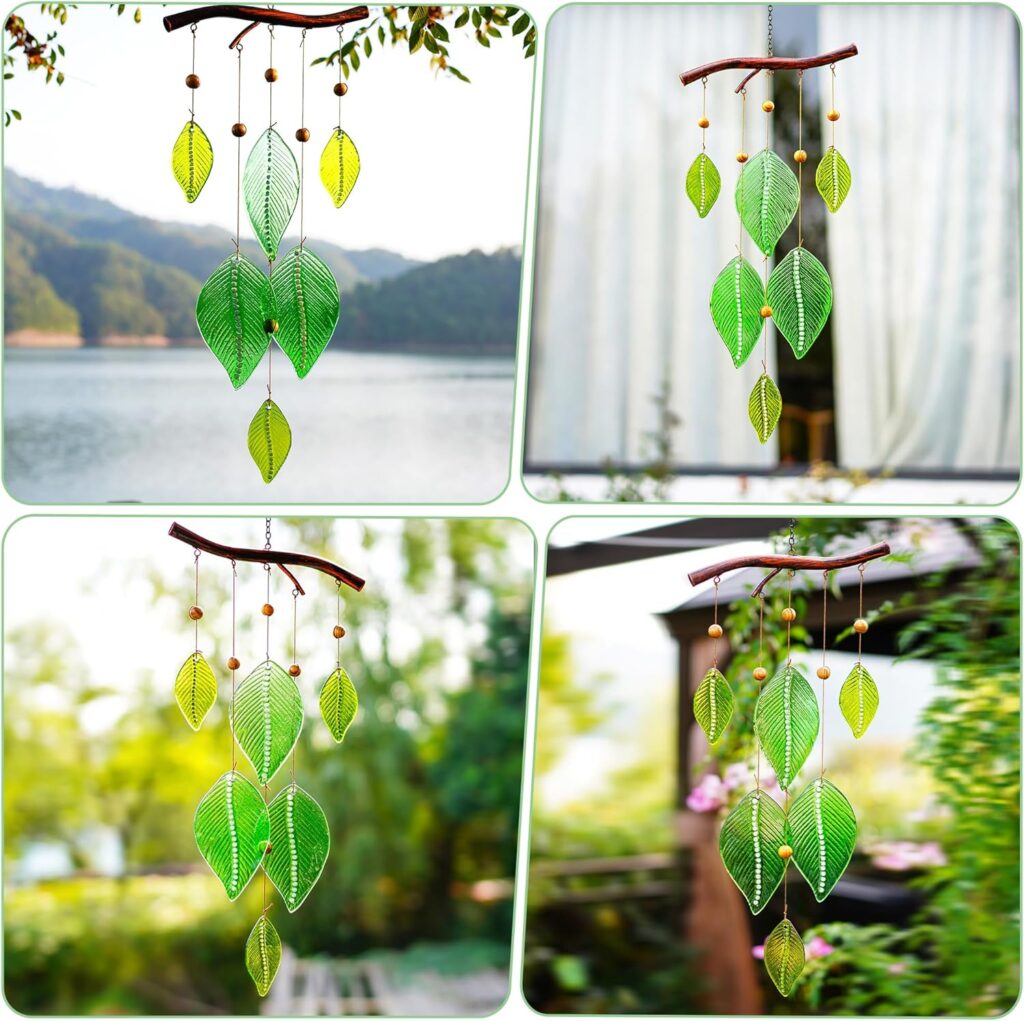 20.5 Wind Chimes for Outside,Handmade Windchimes with Stained Glass Leaves for Home Window Garden Yard Patio Decor,Green