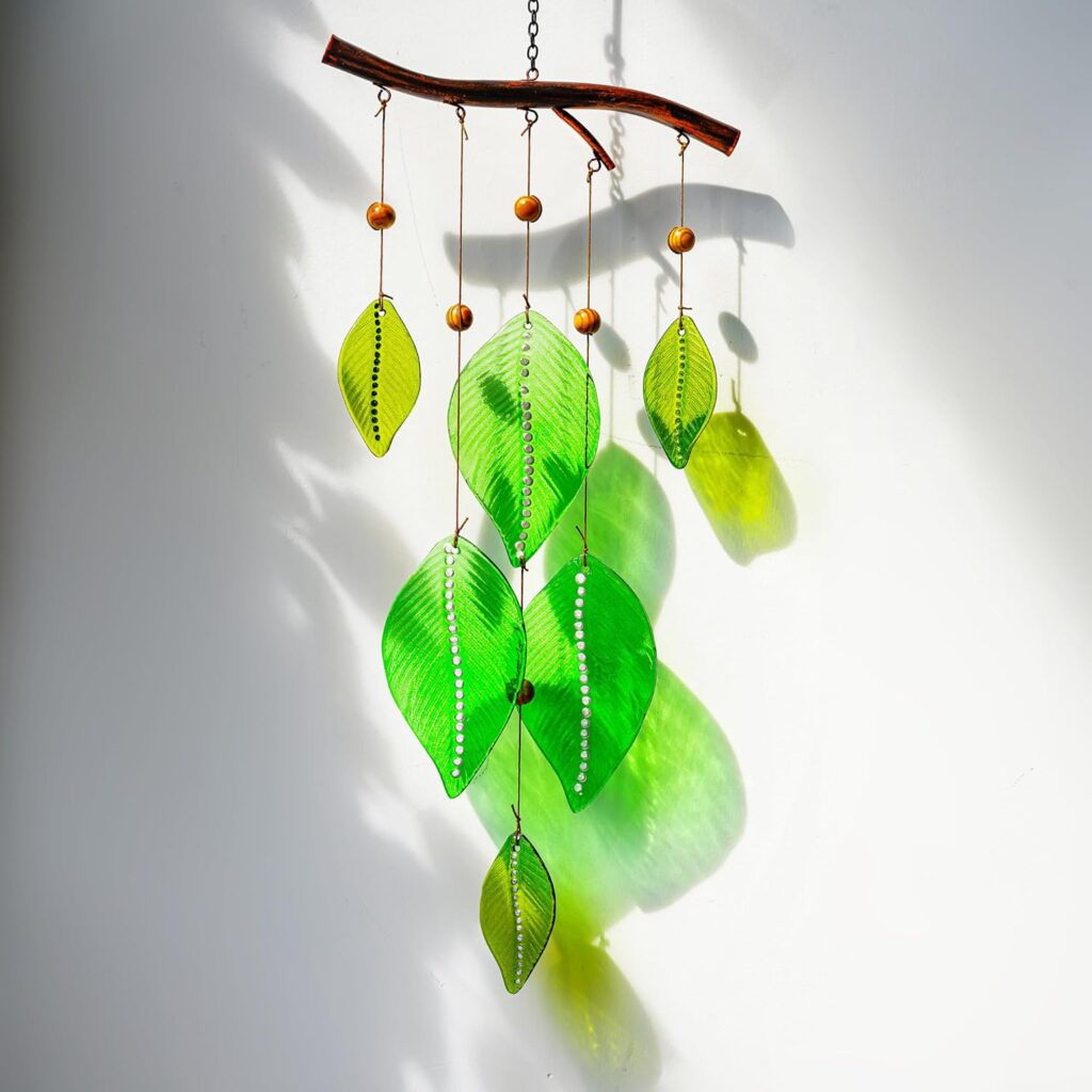 20.5 Wind Chimes for Outside,Handmade Windchimes with Stained Glass Leaves for Home Window Garden Yard Patio Decor,Green