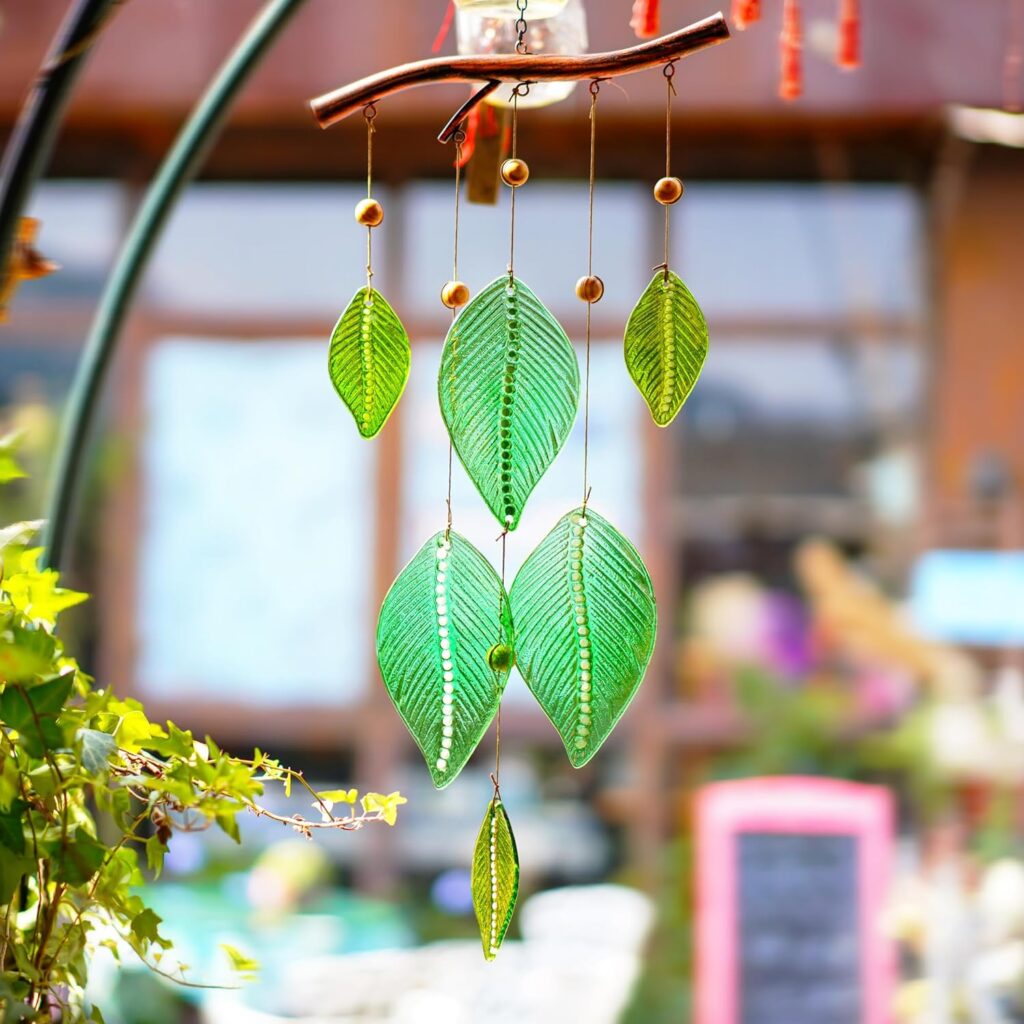 20.5 Wind Chimes for Outside,Handmade Windchimes with Stained Glass Leaves for Home Window Garden Yard Patio Decor,Green