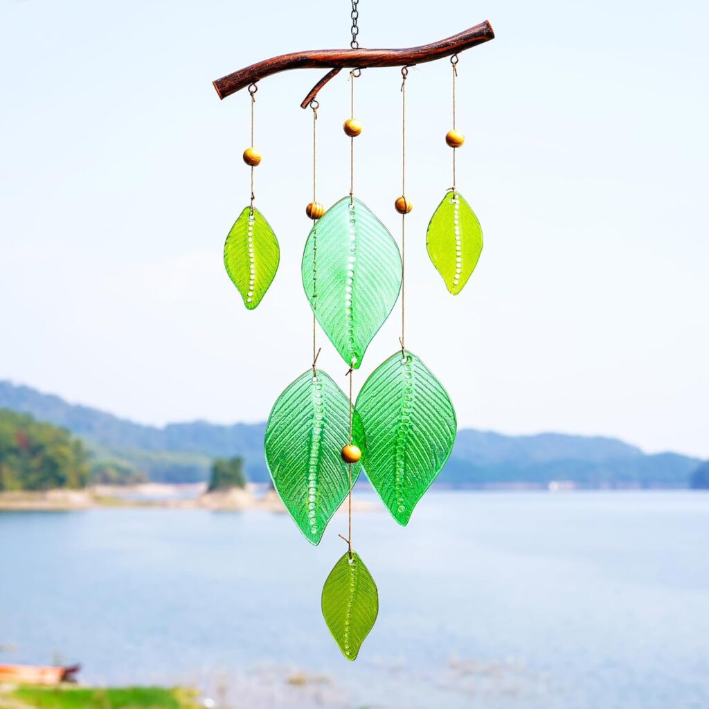 20.5 Wind Chimes for Outside,Handmade Windchimes with Stained Glass Leaves for Home Window Garden Yard Patio Decor,Green