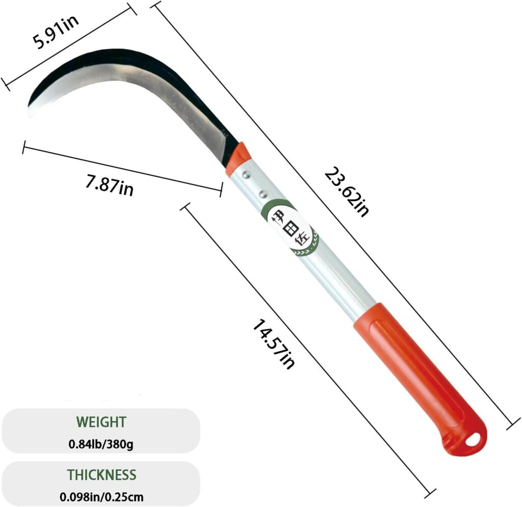 23.22inch Japanese Composite Sickle - Manganese Steel Blade, Very Sharp, Crescent Shape, Thick Blade, Large Knife Sickle, Quick Gardening Tools（Orange）