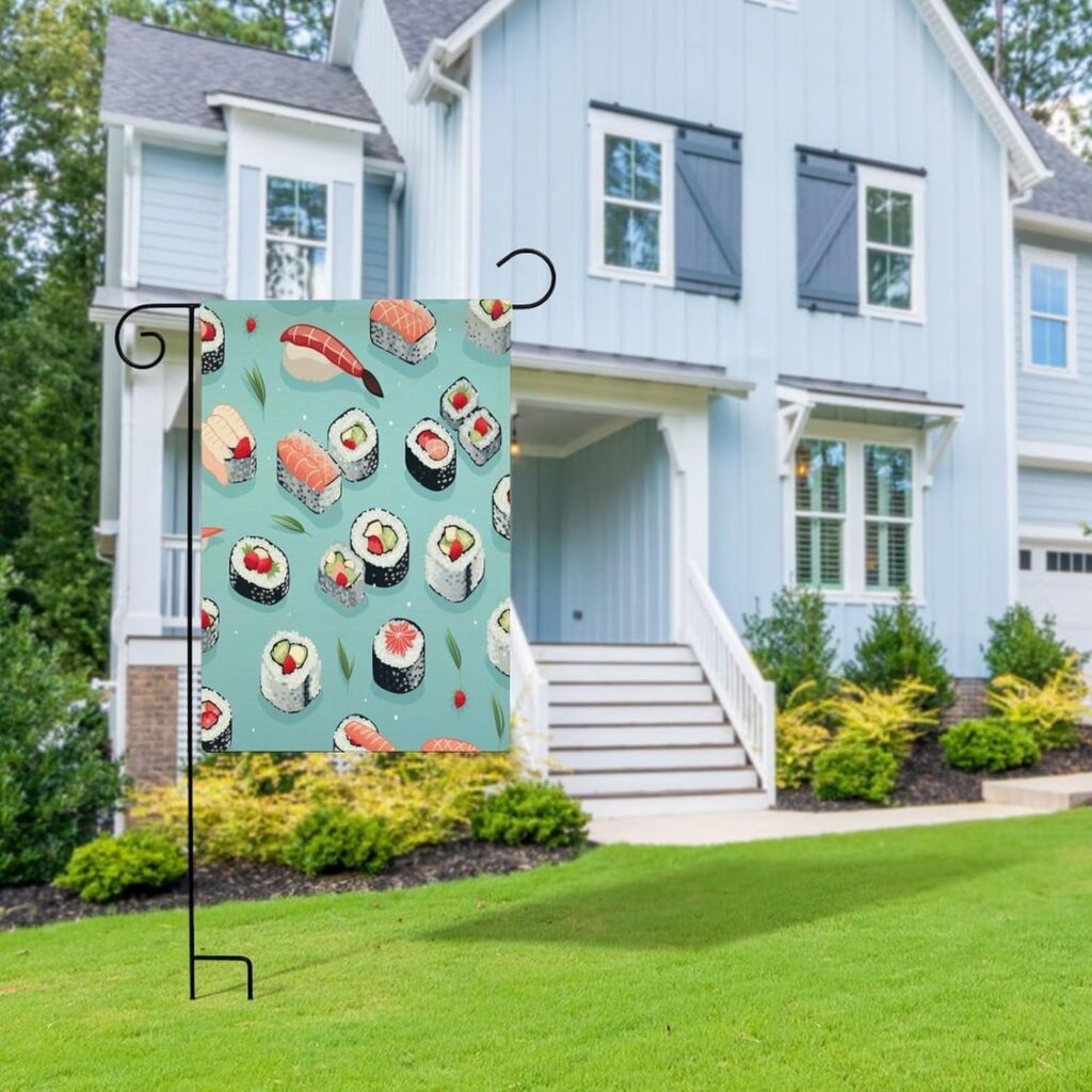 Funky Japanese Sushi Welcome Garden Flag Double Sided for Outside Small Burlap 12×18 Inch Traditional Sushi Flag Welcome Farmhouse Yard Outdoor Flag for Patio Lawn Home Outdoor Decor