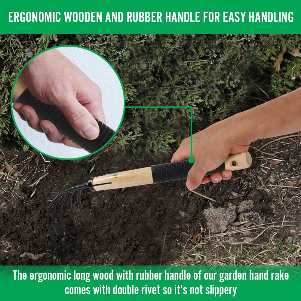 Garden Rake with Ergonomic Wooden Handle for Firm Grip, Military Grade Steel Gardeners Tine Cultivator Wood Japanese Ninja Claw Rake for Perfect Pulverized and Aerated Soil, Gardening Weeding