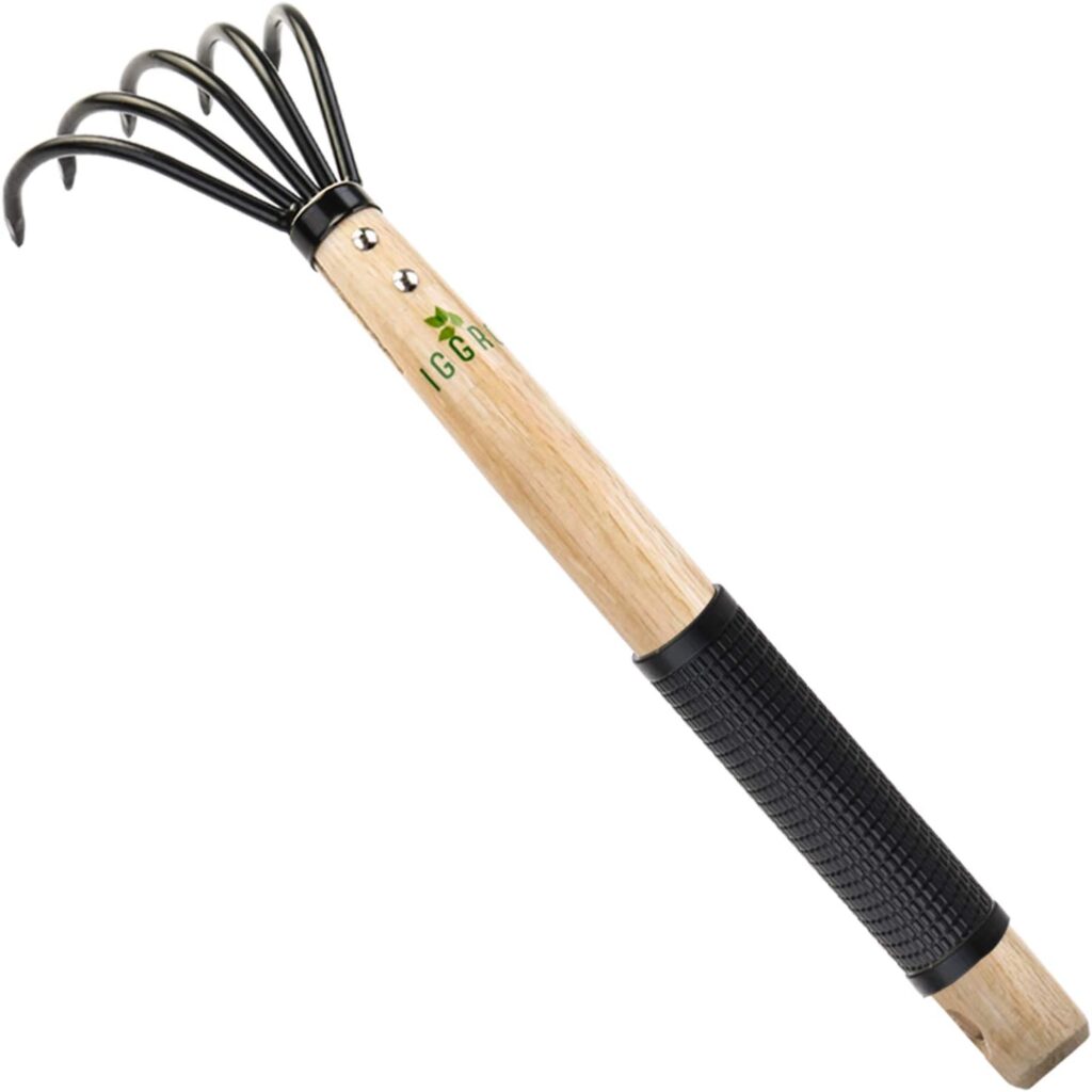 Garden Rake with Ergonomic Wooden Handle for Firm Grip, Military Grade Steel Gardeners Tine Cultivator Wood Japanese Ninja Claw Rake for Perfect Pulverized and Aerated Soil, Gardening Weeding