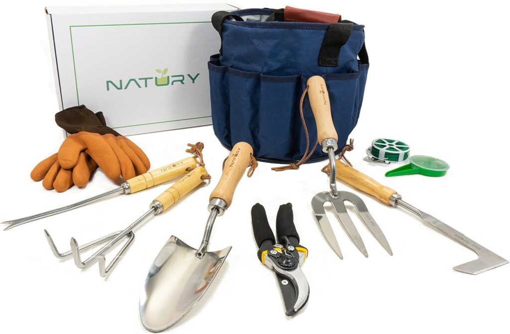 Garden Tools Set – Premium Stainless Steel Gardening Hand Tools with Solid Beechwood Handle – Gardening Kit with Rake, Shovel, Gloves, Shears, Tool Organizer – Garden Gifts for Women and Men