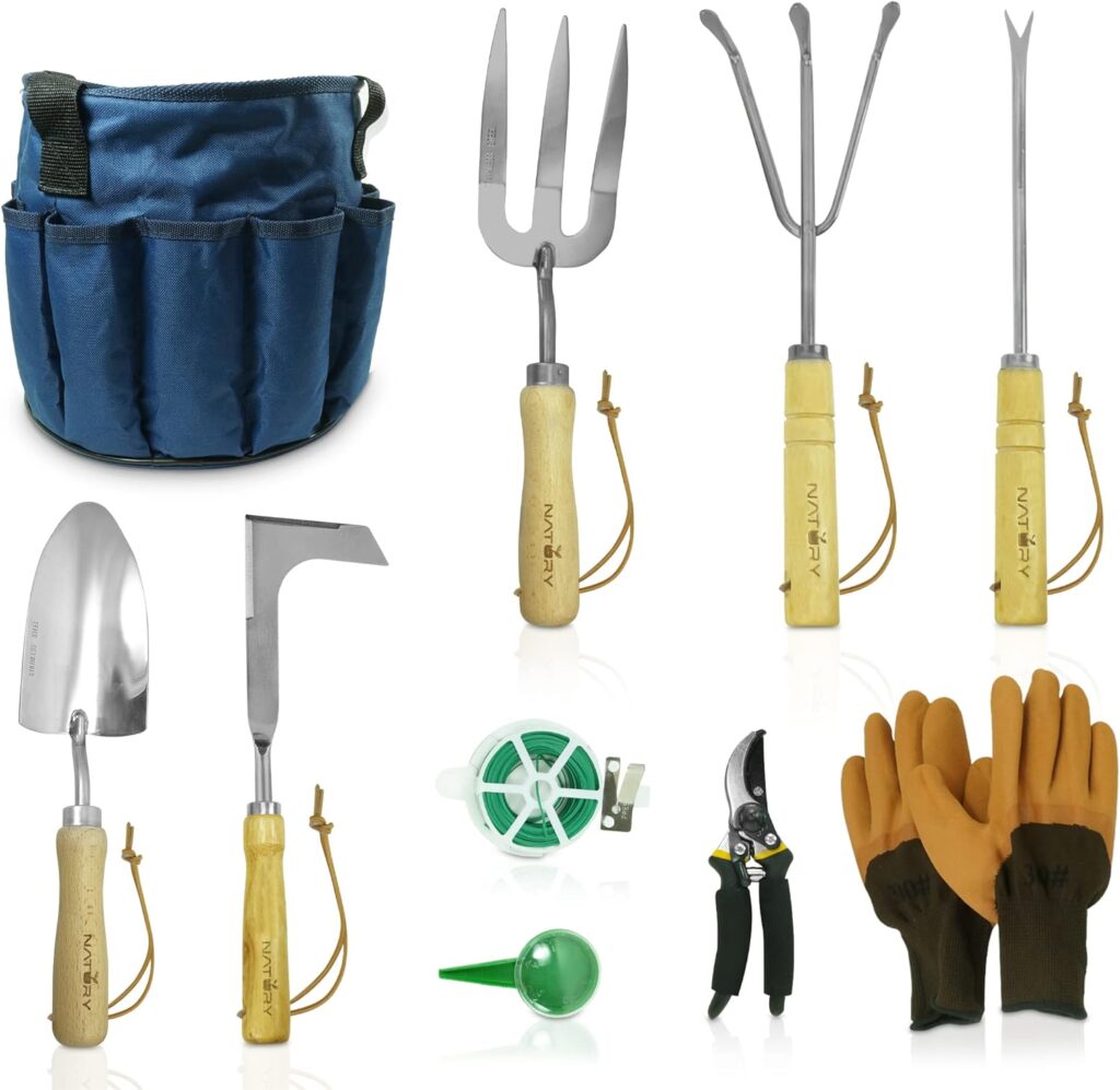 Garden Tools Set – Premium Stainless Steel Gardening Hand Tools with Solid Beechwood Handle – Gardening Kit with Rake, Shovel, Gloves, Shears, Tool Organizer – Garden Gifts for Women and Men