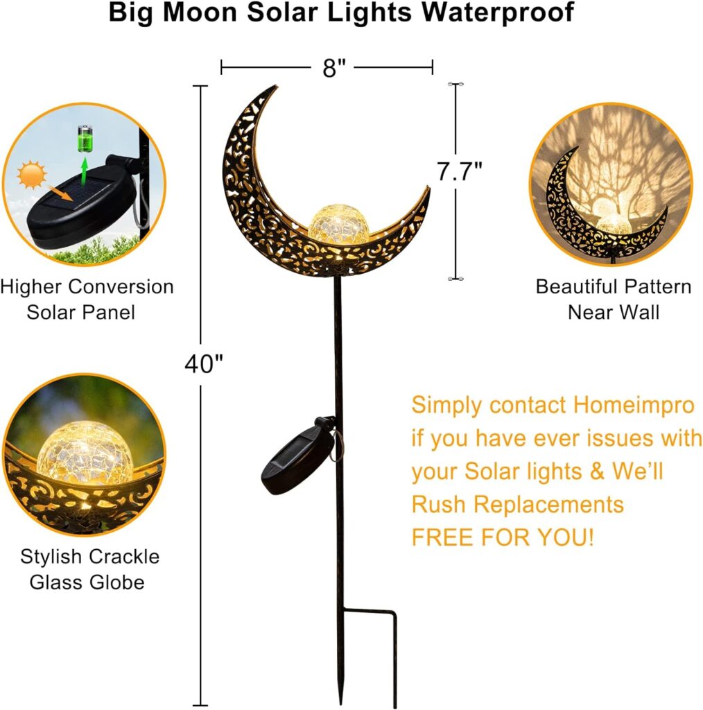 HOMEIMPRO Moon Solar Garden Lights Outdoor Stakes, Waterproof Crackle Glass Metal Decorative Lights for Lawn, Patio Accessories, Yard Decor, Birthday, Ramadan,Mothers Day Gift (Bronze)