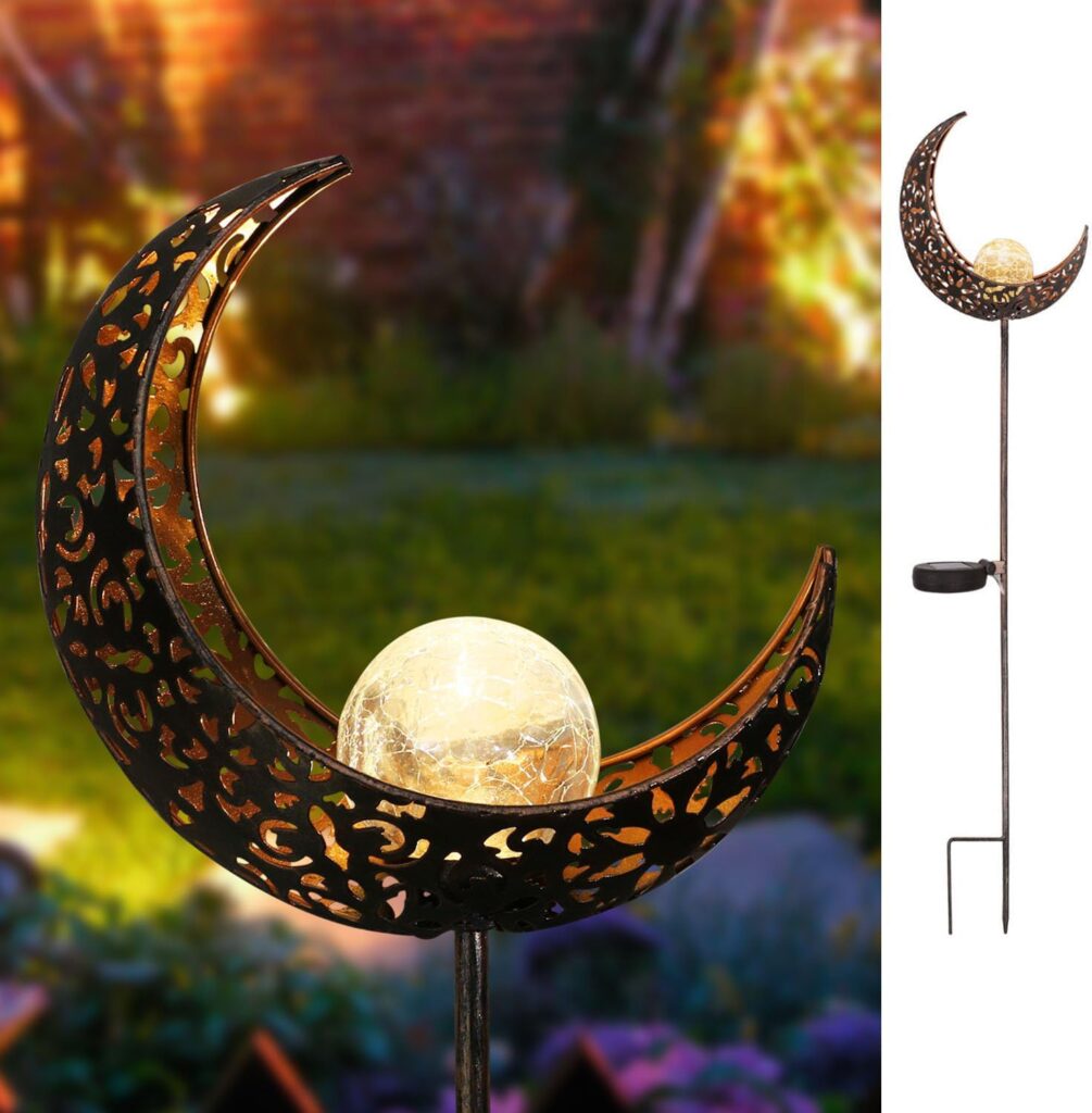 HOMEIMPRO Moon Solar Garden Lights Outdoor Stakes, Waterproof Crackle Glass Metal Decorative Lights for Lawn, Patio Accessories, Yard Decor, Birthday, Ramadan,Mothers Day Gift (Bronze)