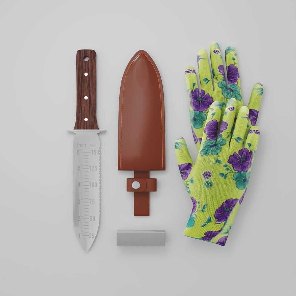 Hori Hori garden knife - stainless steel garden knife tool with colorful gloves - soil knife for gardening - hori hori knife for planting - hori hori knife for weed pulling.
