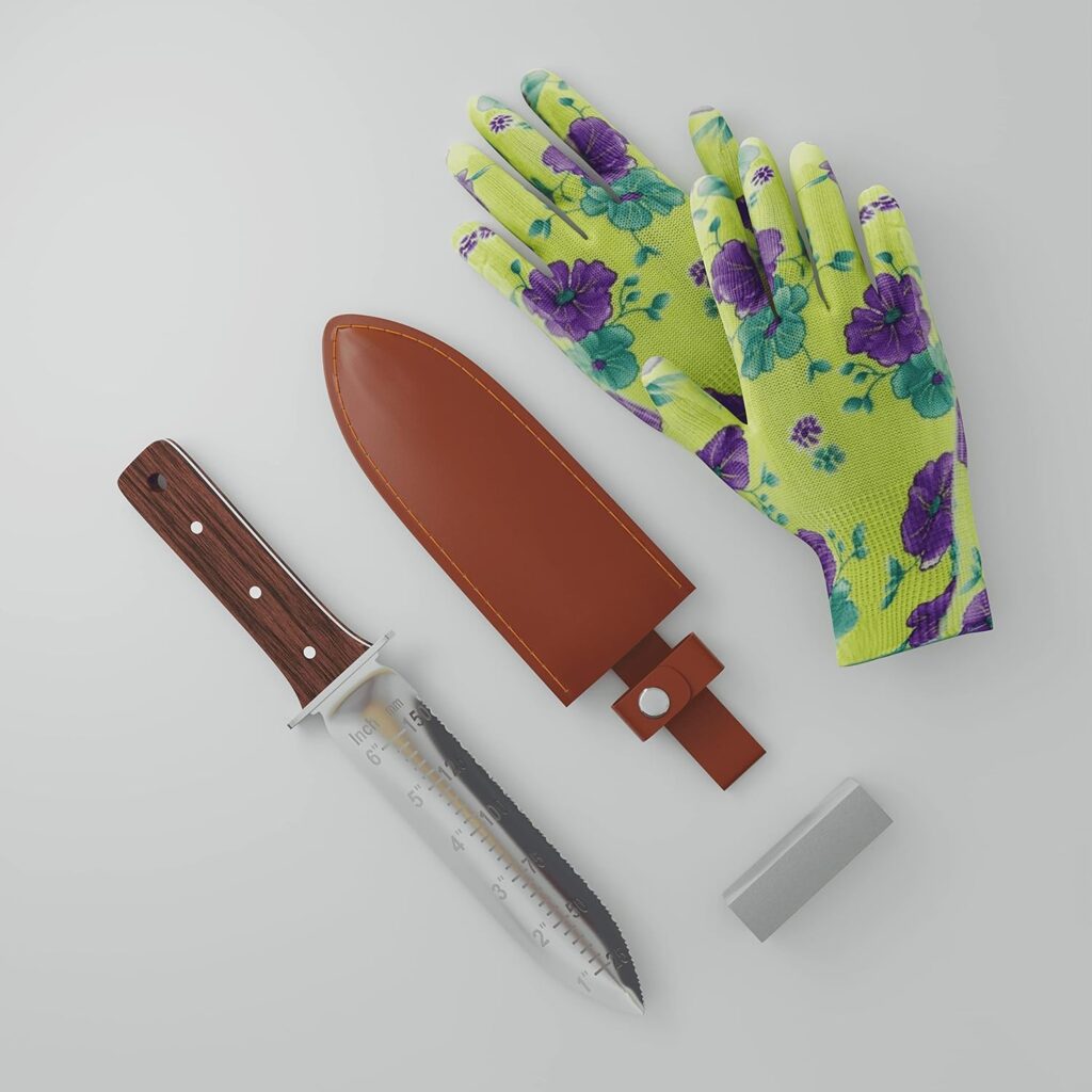 Hori Hori garden knife - stainless steel garden knife tool with colorful gloves - soil knife for gardening - hori hori knife for planting - hori hori knife for weed pulling.
