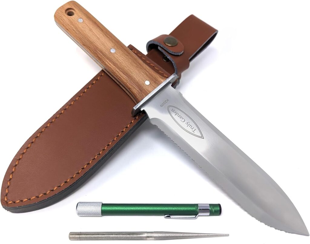 Hori Hori Garden Knife with Diamond Sharpening Rod, Thickest Leather Sheath and Extra Sharp Blade - in Gift Box