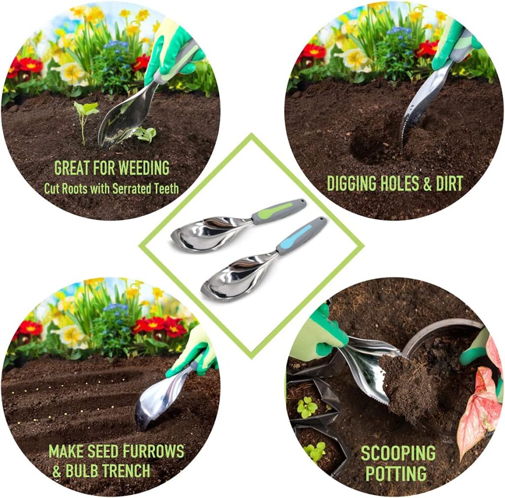 Jardineer Multi-Use Soil Scoops, Stainless Steel Garden Trowel, All-in-One Cultivator, Weeder, Transplanter (Blue)