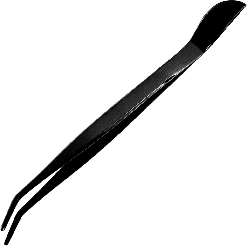 KAKURI Bonsai Tweezers Curved Serrated Tips with Spatula 8.8 Professional Bonsai Tool, Japanese Stainless Steel Black Coated, Made in JAPAN