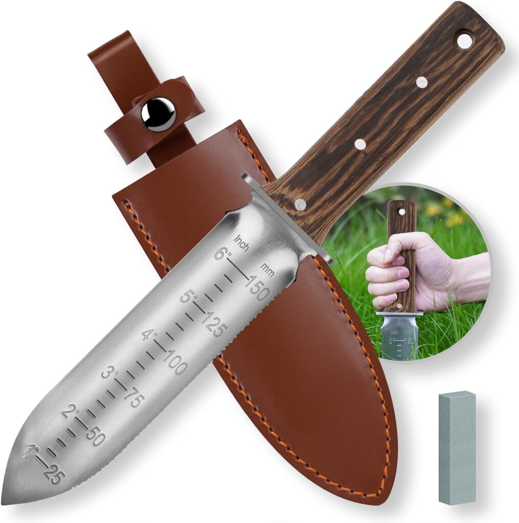 KDMY Hori Hori Garden Knife, 12 Trowels Manual Weeders Tool, Double-Edge Stainless Steel Blade, Garden Knife with Leather Sheath for Digging, Weeding, Planting, Sharpening Stone Included-Brown Wood