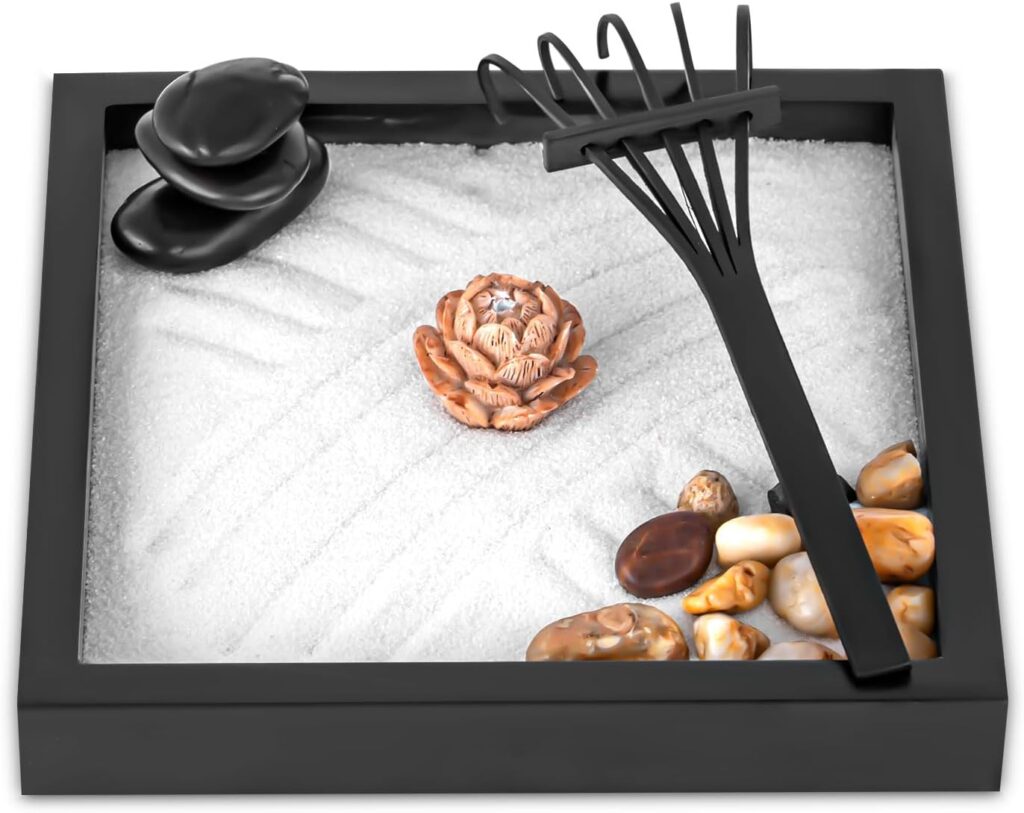 Mini Zen Garden Kit for Desk 6x6 inch with Wooden Lotus Flower, 3 Zen Stones, Pebbles, Home Office Desk Decorations (Wooden Lotus Flower)