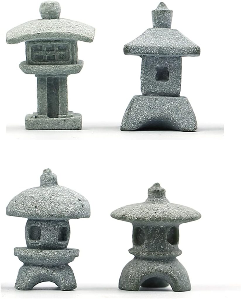 Miniature Japanese Lantern Pagoda Figurines Asian Decor Fish Tank Aquarium Ornament Fairy Garden Accessories Zen Terrarium Bonsai Decorations (4 Mini Sandstone)