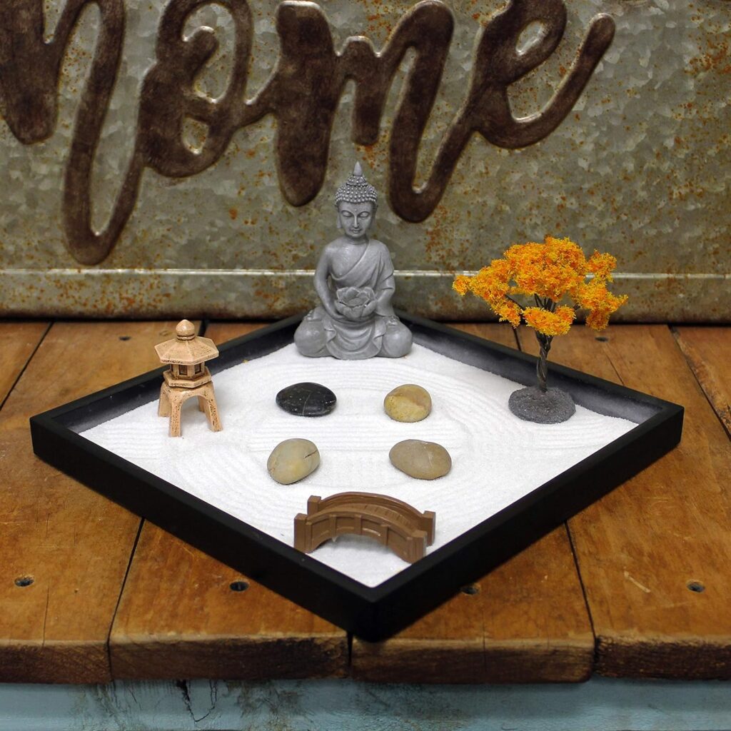 Natures Mark Mini Zen Garden Kit for Desk with Rake, White Sand, Buddha, Bridge Black Square Base, River Rocks and Mini Blossom Tree (9Lx9W A)