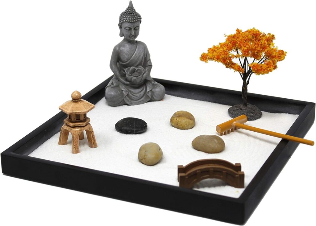 Natures Mark Mini Zen Garden Kit for Desk with Rake, White Sand, Buddha, Bridge Black Square Base, River Rocks and Mini Blossom Tree (9Lx9W A)