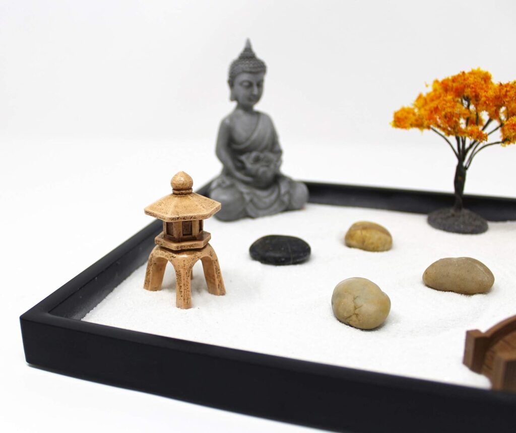 Natures Mark Mini Zen Garden Kit for Desk with Rake, White Sand, Buddha, Bridge Black Square Base, River Rocks and Mini Blossom Tree (9Lx9W A)