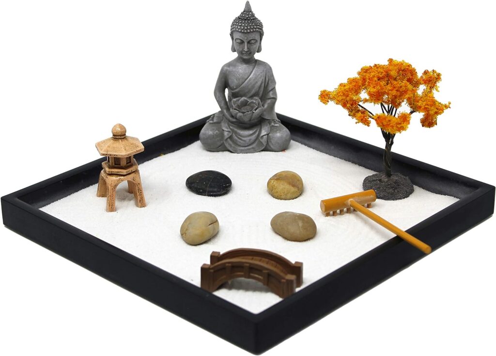 Natures Mark Mini Zen Garden Kit for Desk with Rake, White Sand, Buddha, Bridge Black Square Base, River Rocks and Mini Blossom Tree (9Lx9W A)