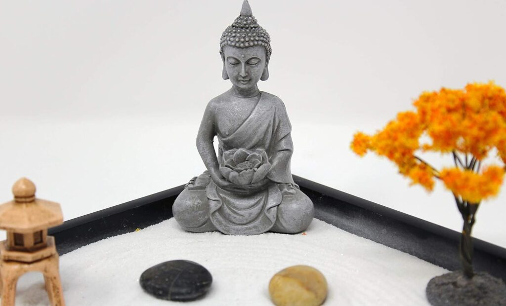 Natures Mark Mini Zen Garden Kit for Desk with Rake, White Sand, Buddha, Bridge Black Square Base, River Rocks and Mini Blossom Tree (9Lx9W A)