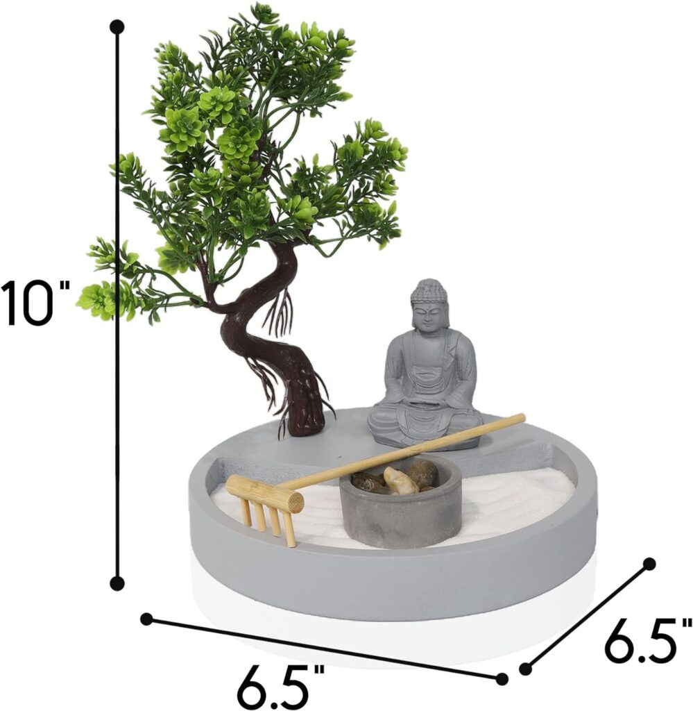 Round Shape, Zen Garden Tealight Candle Holder with a Mini Buddha Statue and a Bonsai Tree - A Perfect Japanese Art for Relaxation and Meditation - Free Your Mind with Our Mini Zen Garden Decor, Gray