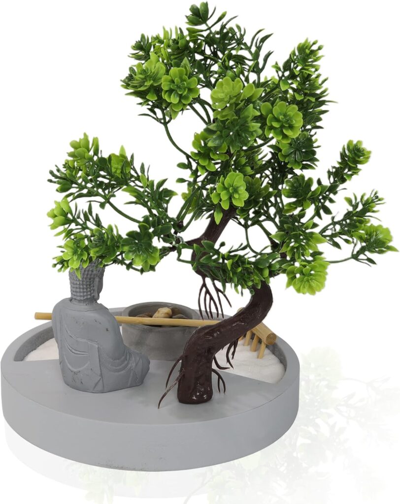 Round Shape, Zen Garden Tealight Candle Holder with a Mini Buddha Statue and a Bonsai Tree - A Perfect Japanese Art for Relaxation and Meditation - Free Your Mind with Our Mini Zen Garden Decor, Gray