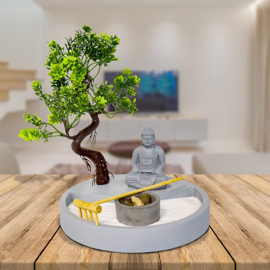 Round Shape, Zen Garden Tealight Candle Holder with a Mini Buddha Statue and a Bonsai Tree - A Perfect Japanese Art for Relaxation and Meditation - Free Your Mind with Our Mini Zen Garden Decor, Gray