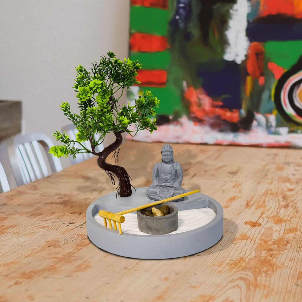 Round Shape, Zen Garden Tealight Candle Holder with a Mini Buddha Statue and a Bonsai Tree - A Perfect Japanese Art for Relaxation and Meditation - Free Your Mind with Our Mini Zen Garden Decor, Gray