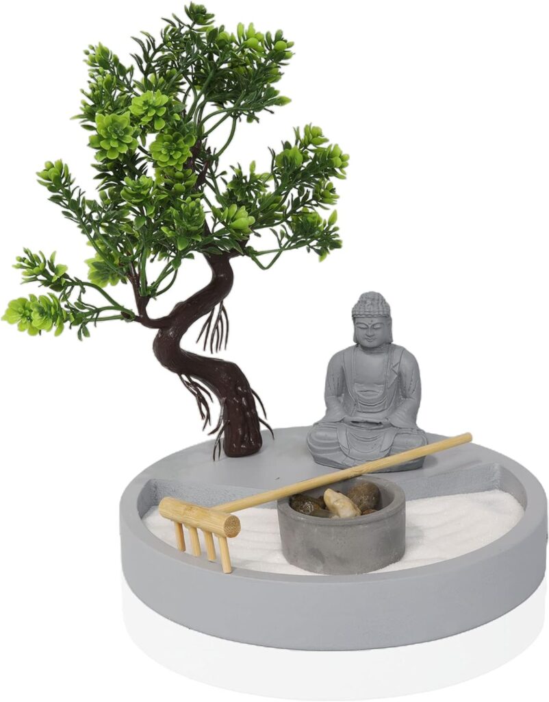 Round Shape, Zen Garden Tealight Candle Holder with a Mini Buddha Statue and a Bonsai Tree - A Perfect Japanese Art for Relaxation and Meditation - Free Your Mind with Our Mini Zen Garden Decor, Gray