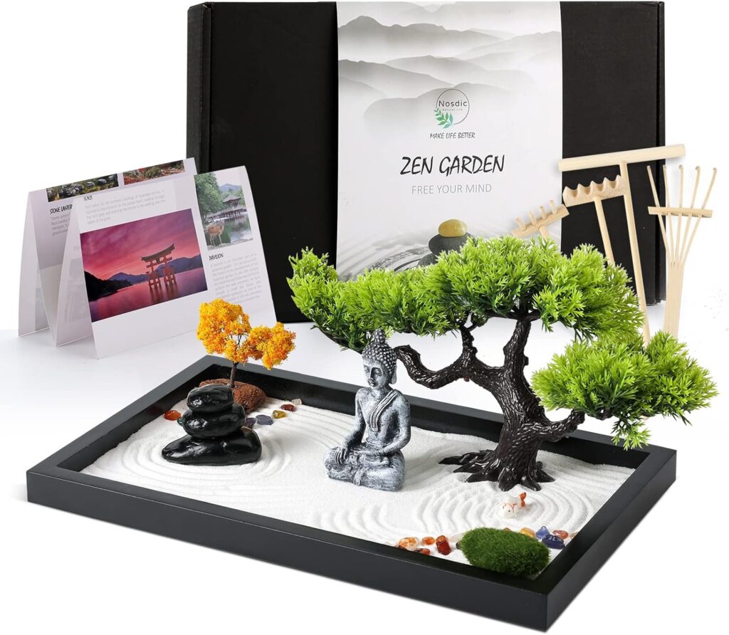 Zen Garden Kit for Desk Decor - Premium Beautiful Japanese Mini Zen Sand Garden Box Set for Home, Office with Black Wooden Tray, White Sand, Rake Tools - Desktop Meditation, Therapy and Accessories