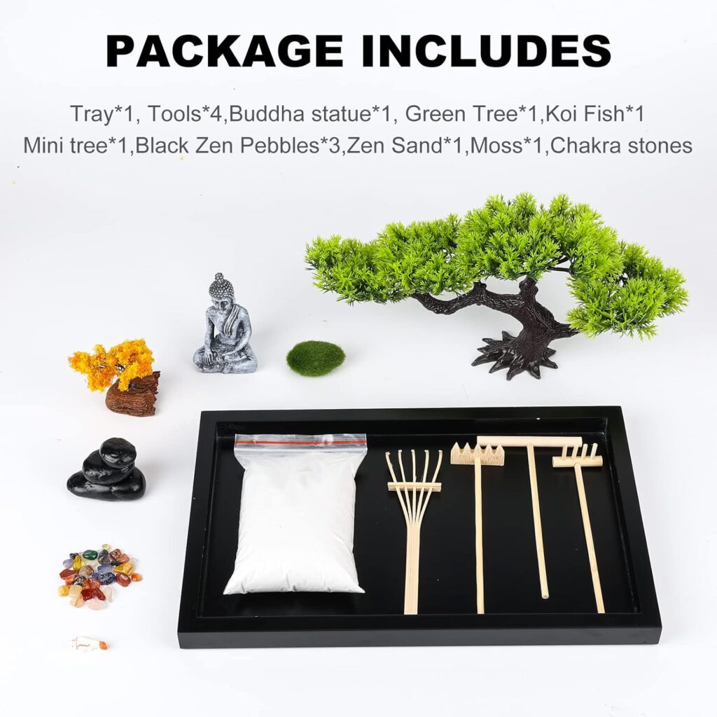 Zen Garden Kit for Desk Decor - Premium Beautiful Japanese Mini Zen Sand Garden Box Set for Home, Office with Black Wooden Tray, White Sand, Rake Tools - Desktop Meditation, Therapy and Accessories