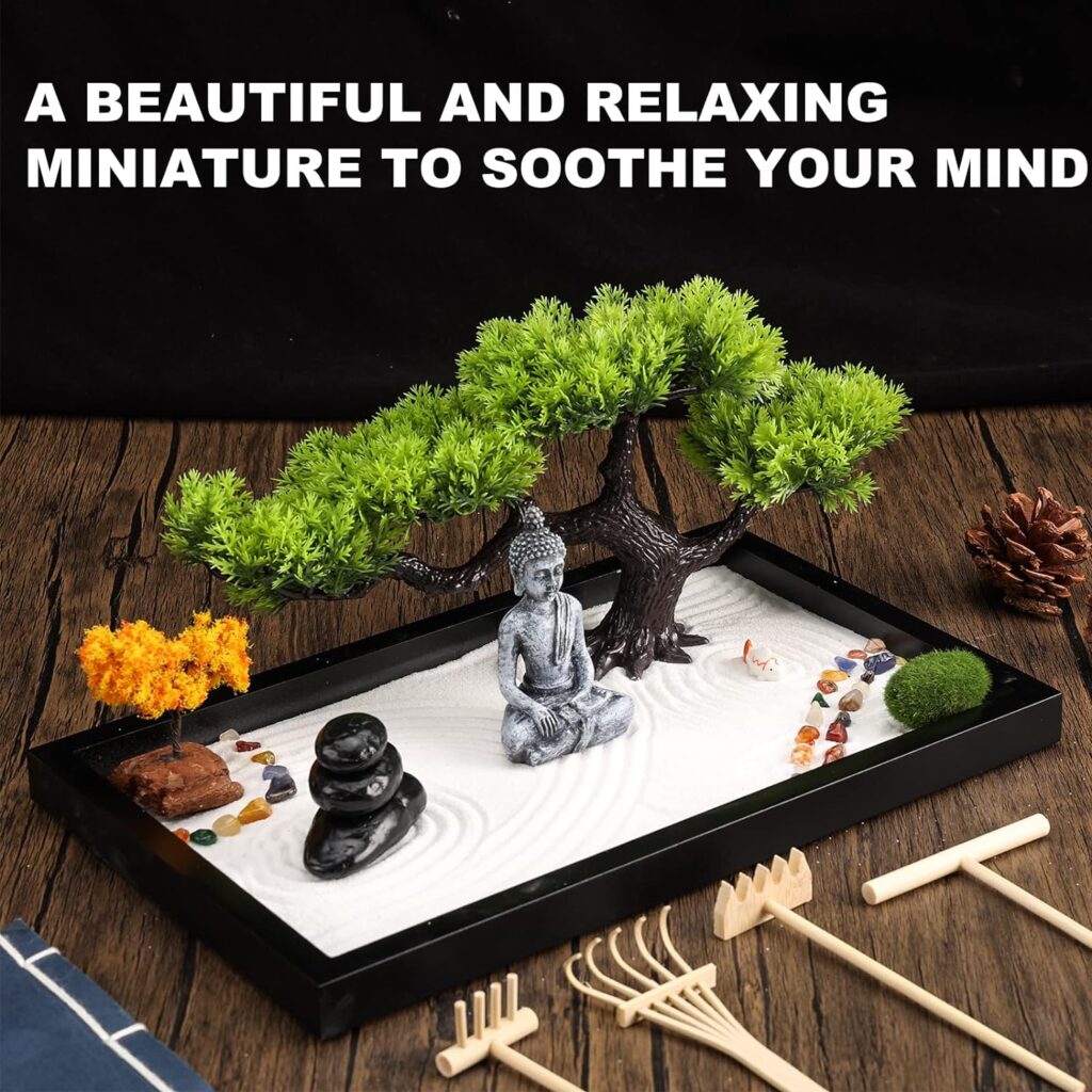 Zen Garden Kit for Desk Decor - Premium Beautiful Japanese Mini Zen Sand Garden Box Set for Home, Office with Black Wooden Tray, White Sand, Rake Tools - Desktop Meditation, Therapy and Accessories