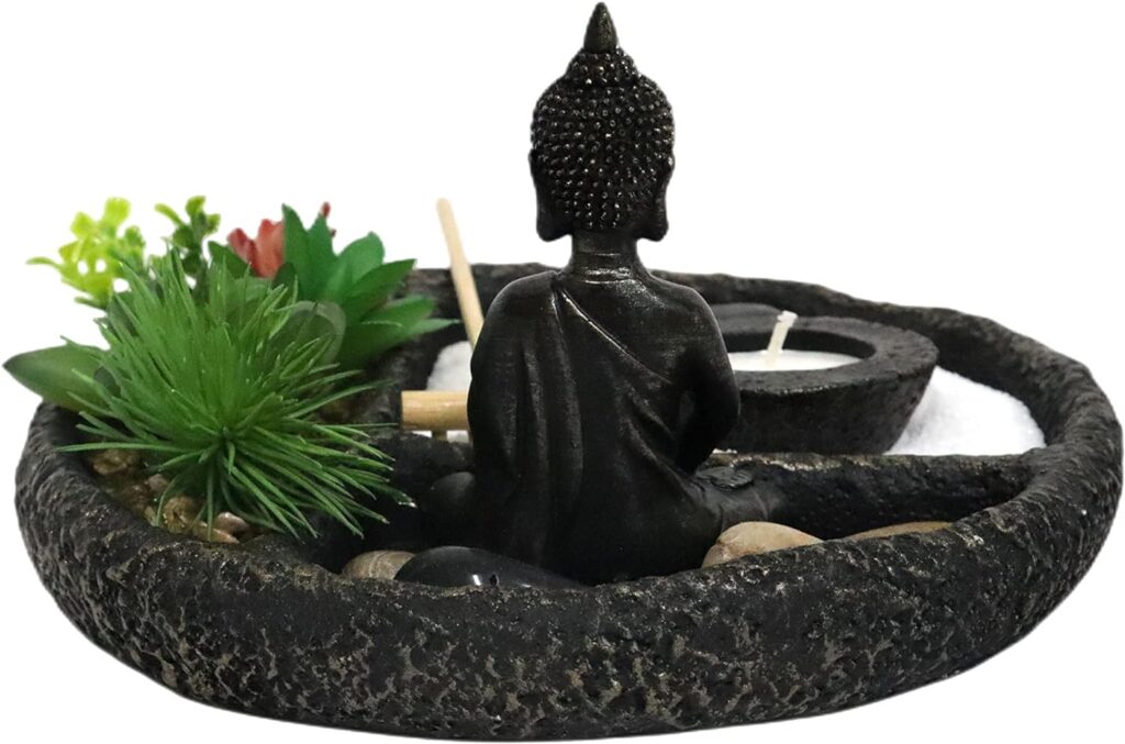 Zen Garden Kit for Desk - Sand Garden Accessories for Office Desktop - 8x8 Inches Round Tray, Lotus, Buddha Figures, Natural Sand, Rake - Japanese Mini Meditation Zen Decor Gifts