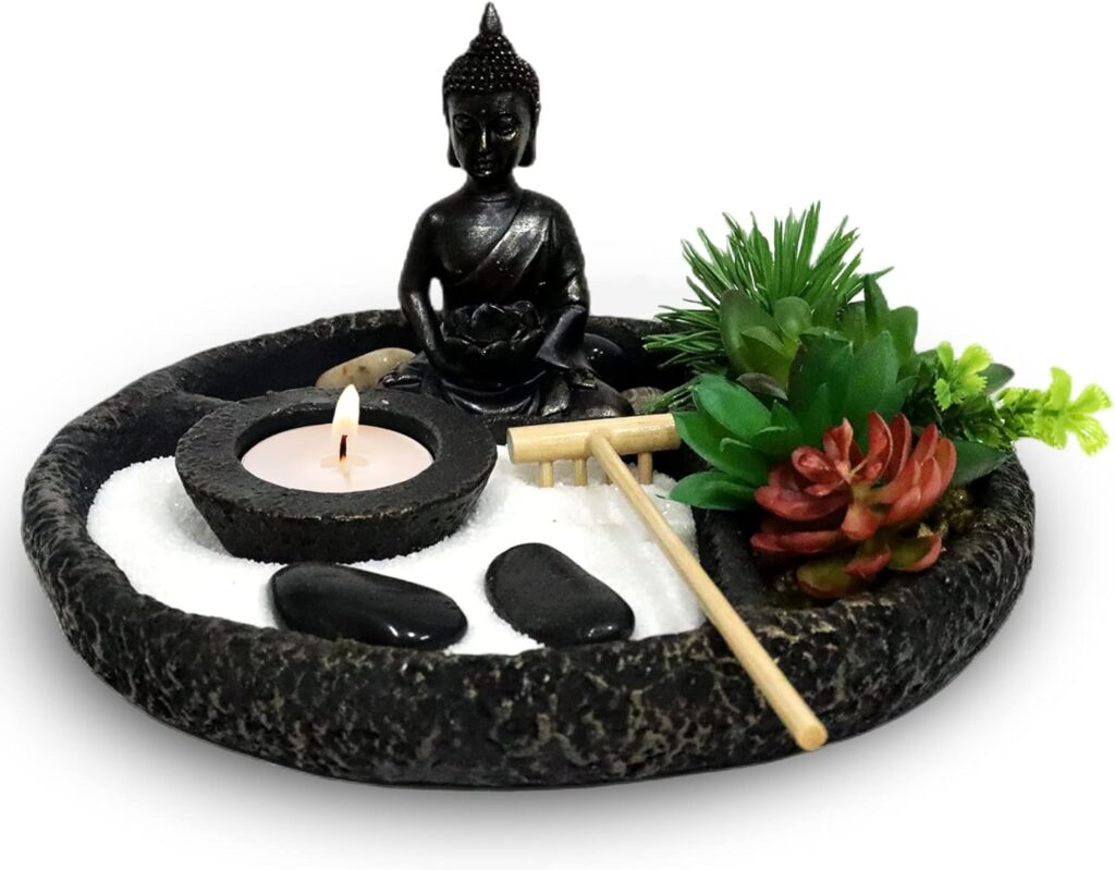 Zen Garden Kit for Desk - Sand Garden Accessories for Office Desktop - 8x8 Inches Round Tray, Lotus, Buddha Figures, Natural Sand, Rake - Japanese Mini Meditation Zen Decor Gifts