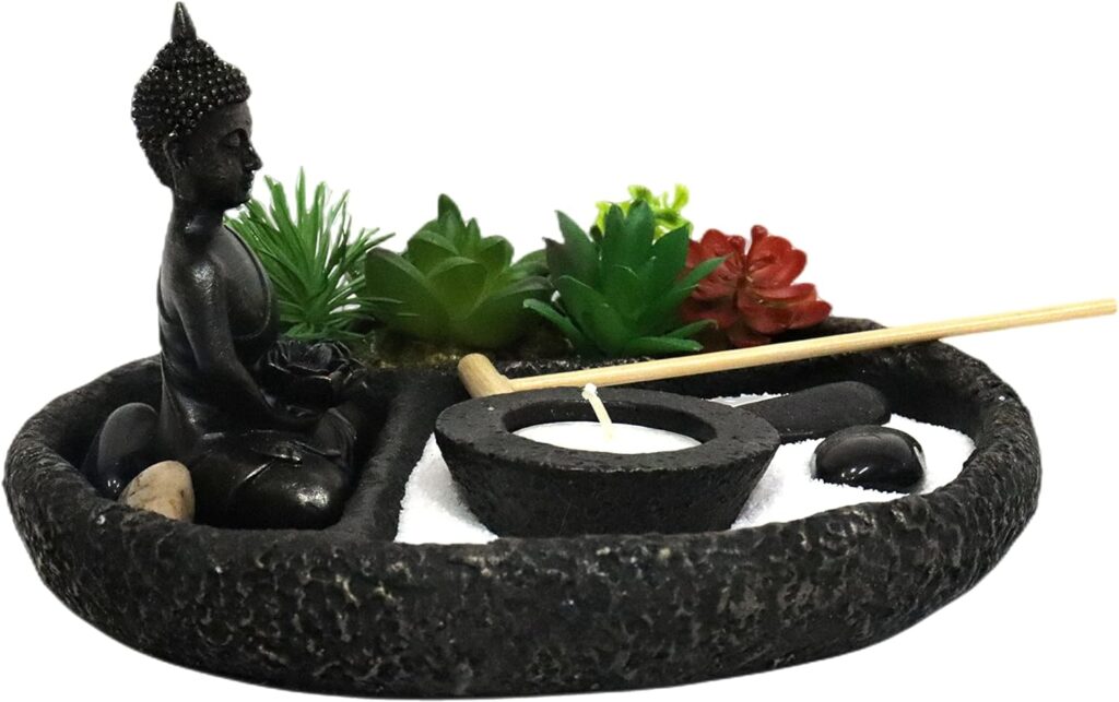 Zen Garden Kit for Desk - Sand Garden Accessories for Office Desktop - 8x8 Inches Round Tray, Lotus, Buddha Figures, Natural Sand, Rake - Japanese Mini Meditation Zen Decor Gifts