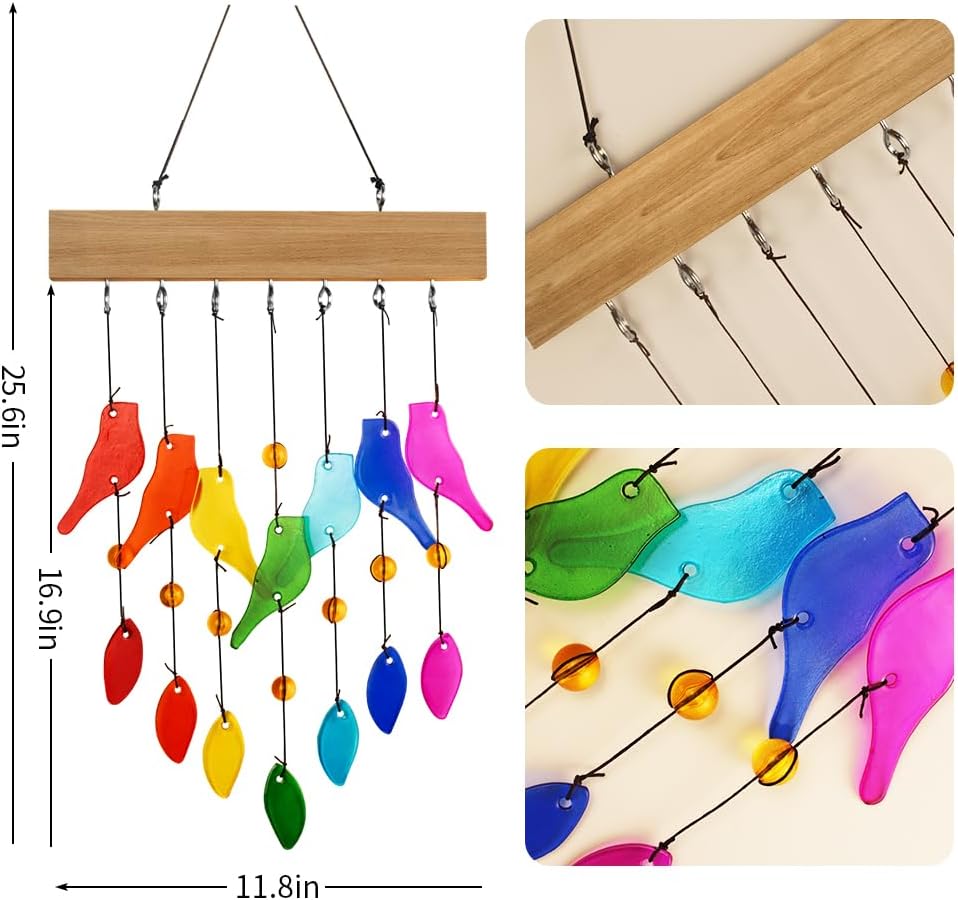 Handwork Crystal Glass  Driftwood Chimes, Sandblasted Glass and Wood Handcrafted Wind Chimes, Birds Wind Chimes for Home, Yard, Patio, Garden Decoration, Gift for Mom, Gifts for Bird Lovers