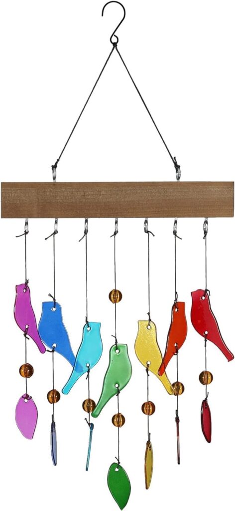 Handwork Crystal Glass  Driftwood Chimes, Sandblasted Glass and Wood Handcrafted Wind Chimes, Birds Wind Chimes for Home, Yard, Patio, Garden Decoration, Gift for Mom, Gifts for Bird Lovers