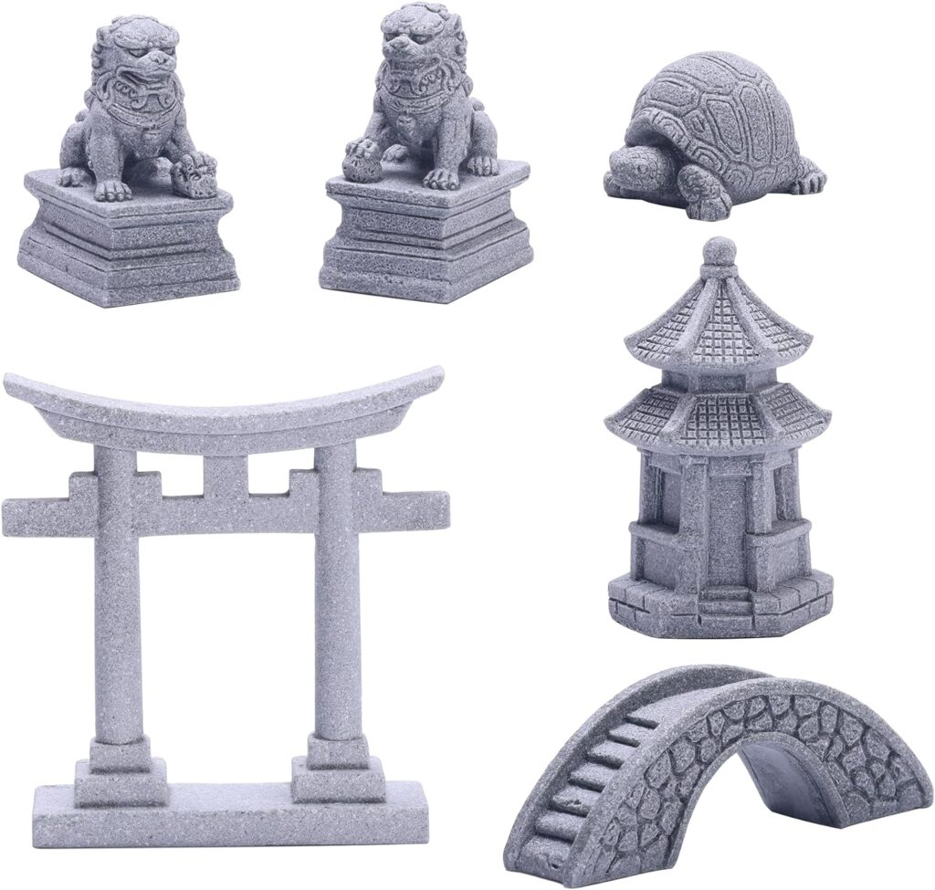 6 PCS Mini Zen Garden Accessories, Miniature Garden Bridge Foo Dogs Torii Gate Sandstone Figurines Meditation Zen Decor Japanese Fish Tank Terrarium Decorations Plant Pots Bonsai Craft Decor (M)